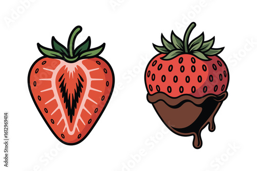 Red strawberry half and chocolate dipped strawberry fruit food