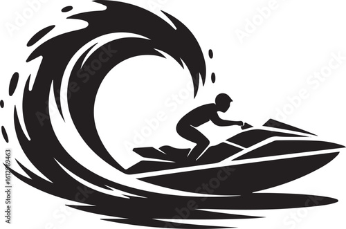 Person riding jet ski through a large wave black white