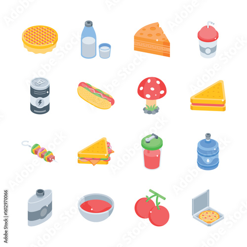 Get a glimpse of this pack of junk food and beverages isometric icons