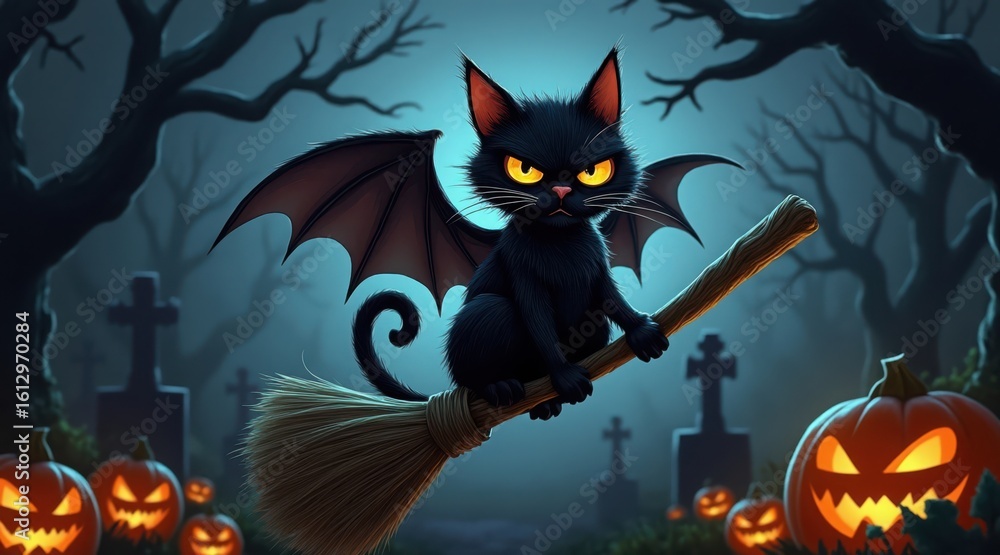 Spooky bat cat flying on a broomstick with jack o lanterns Spooky bat cat flying on a broomstick with jack o lanterns