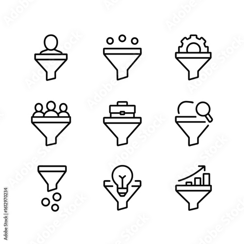 Sales funnel strategy icon set. Outline symbols. Line design