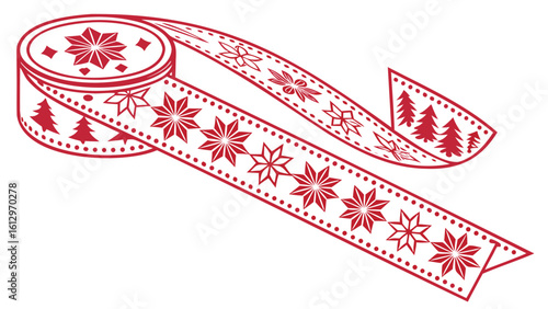 Decorative red ribbon roll with star and christmas tree pattern on white background for gift wrapping