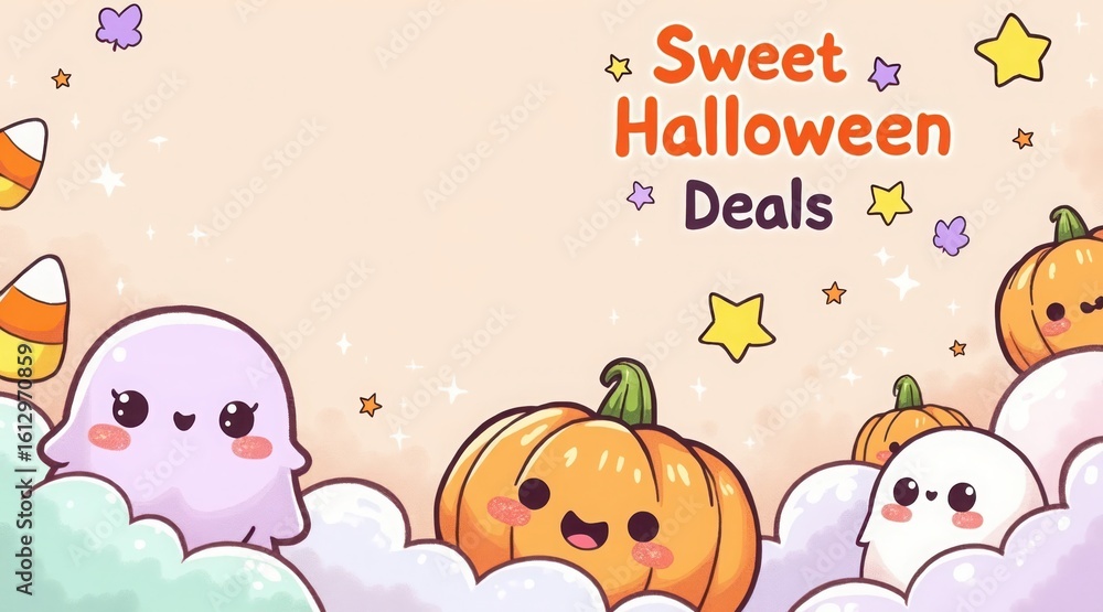 Fototapeta premium Kawaii halloween characters and sweet deals announcement