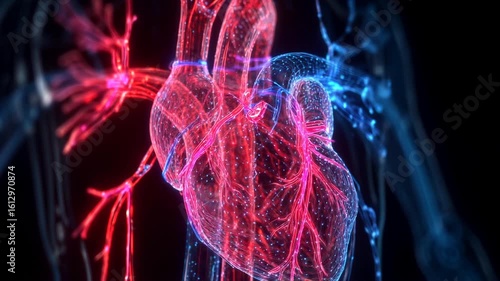 3D medical imaging of the human heart vessels. The heart's translucent chambers allow the major parts of the aorta to be seen