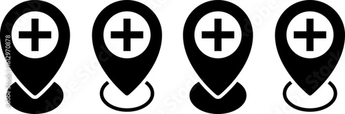 Medical location pin icon set. emergency services occupation.  global positioning system. pin sign symbols. healthcare map marker
