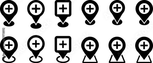 Medical location pin icon set. emergency services occupation.  global positioning system. pin sign symbols. healthcare map marker
