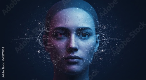 Futuristic portrait of a woman with glowing digital lines representing a neural network and artificial intelligence.