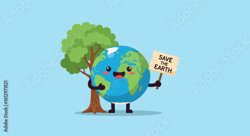 Cartoon Earth holding a sign advocating for environmental protection, alongside a stylized tree, promoting sustainability.