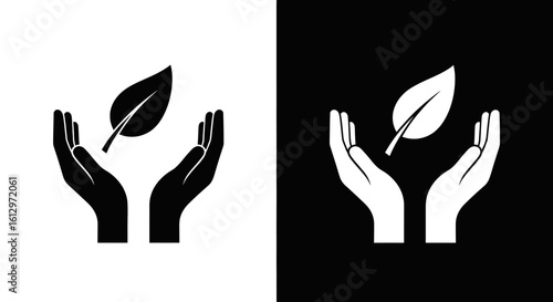 Two contrasting icons, hands holding a leaf, representing environmental care or protection.