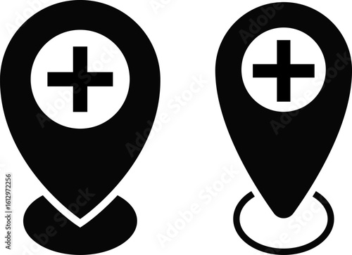 Medical location pin icon set. emergency services occupation.  global positioning system. pin sign symbols. healthcare map marker
