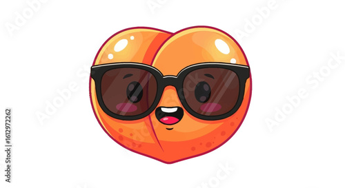 A cartoon peach character with sunglasses, smiling and looking happy.