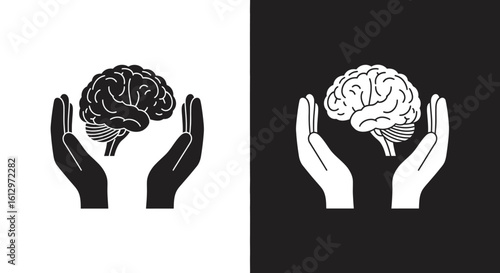 Hands protectively holding a brain, shown in both black and white versions.