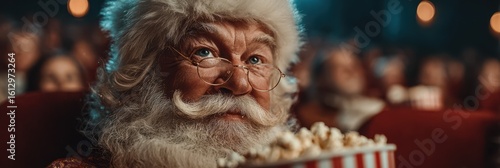 Santa enjoys popcorn in a cozy movie theater during the holiday season with families and children around him