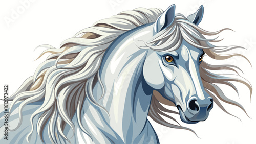 Beautiful close up  White andalusian stallion with long mane white background