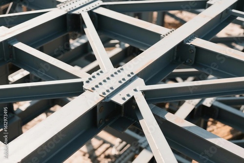 Geometric arrangement of industrial steel beams at a construction site, bathed in soft natural light.