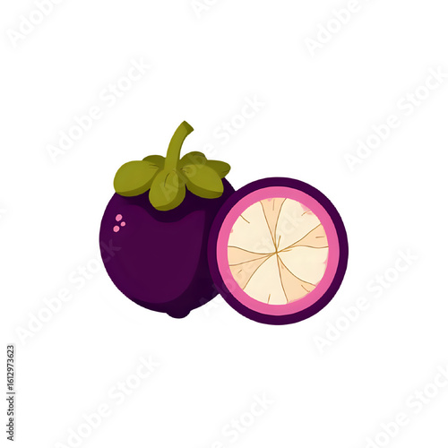 Illustration of a whole and halved mangosteen fruit on a white  background