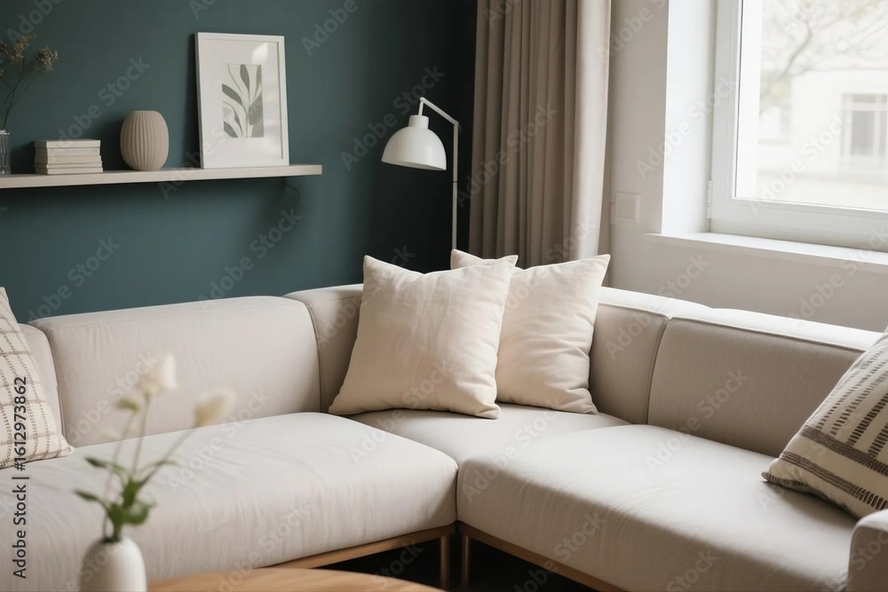 Fototapeta premium Modern sofa with neutral-toned decorative pillows in a cozy living room corner.