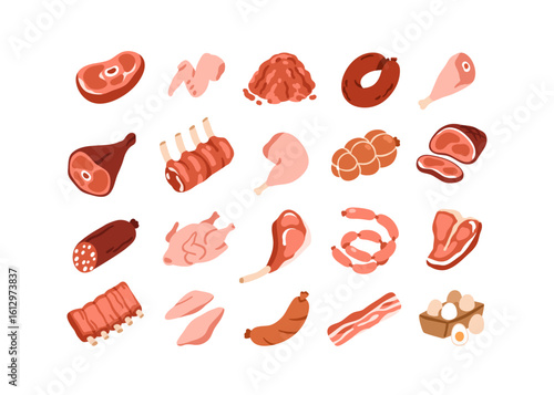 Meat assortment set. Beef, chicken fillet, pork, lamb ribs, sausage, ham, bacon, salami and steak icons. Protein and fat food, butchery. Flat vector illustrations isolated on white background