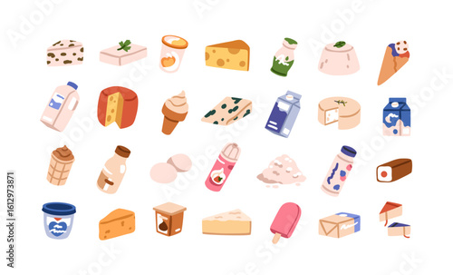 Dairy food, produce assortment set. Milk bottle, yogurt, cottage cheese, butter, whipped cream, eggs, sweet dessert and icecream icons. Flat vector illustrations isolated on white background