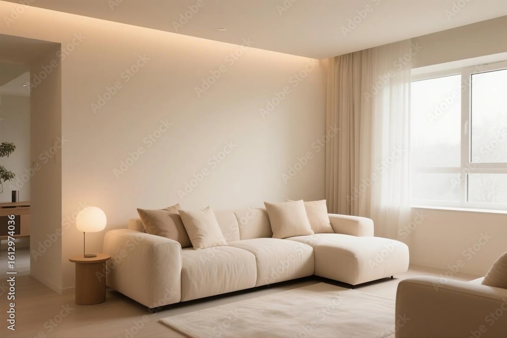 Fototapeta premium Modern sofa with neutral-toned decorative pillows in a cozy living room corner.