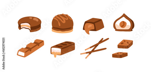 Chocolate sweets set. Candies, choco bars with caramel, nougat, fudge, nut, milk, cream filling. Sugar treats, desserts, confectionery icons. Flat vector illustration isolated on white background