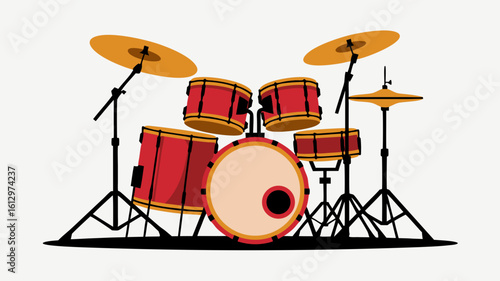 A vibrant red drum kit, complete with cymbals and stands, ready for a performance.