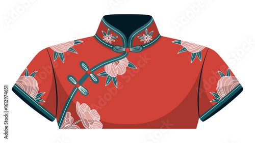 Red Chinese-style shirt with floral embroidery and mandarin collar.