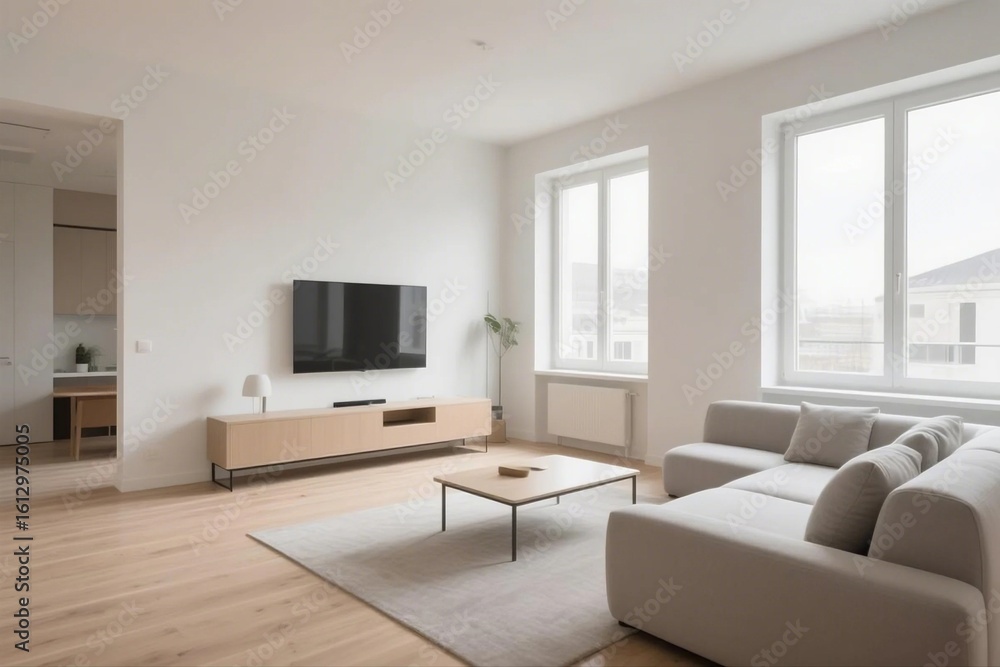Fototapeta premium Modern apartment interior with clean design, neutral tones, and soft natural lighting.