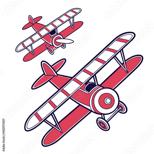 Cartoon Illustration of Two Red Vintage Biplanes Isolated on White