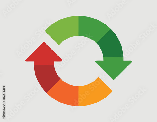 Circular arrow graphic with segmented colors indicating a cyclical process or recycling.