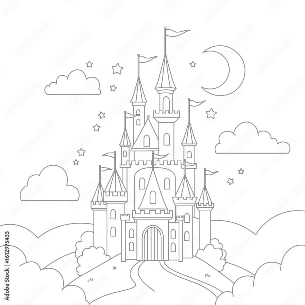 Obraz premium Fantasy Castle Coloring Page with Moon Stars and Clouds Illustration