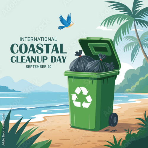 International Coastal CleanUp Day. coastal cleanup day concept. vector sea beach background.