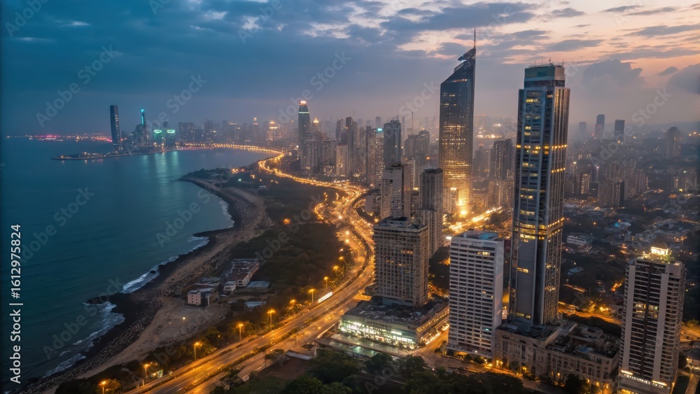 Obraz premium Aerial View of Mumbai Downtown at Night
