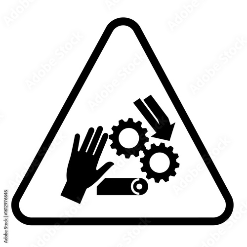 Warning symbol depicting a hand near crushing gears and a roller, indicating a pinch point hazard.