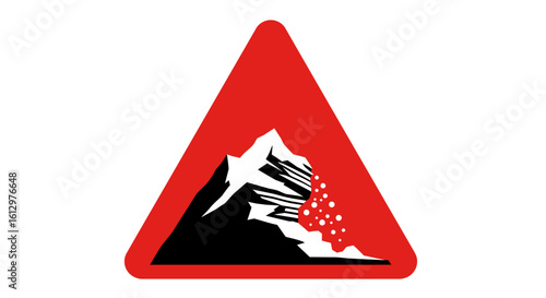 A warning sign depicting a snow-covered mountain with falling snow and debris, indicating a potential avalanche hazard.