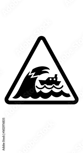 Black and white warning sign depicting a boat being threatened by a large tsunami wave inside a triangle.