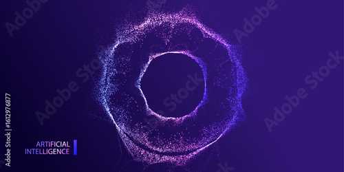 A.I. circle banner. Technology particles web. Dots ai big data neon round background. Artificial Intelligence connect vector design.