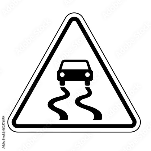 A triangular road warning sign with a black border, depicting a car skidding on a slippery, winding road.