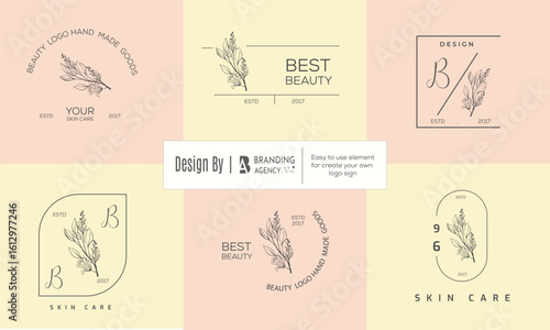 Minimal feminine botanical floral branch and logo. Hand drawn wedding herb, homeplant with elegant leaves. Botanical rustic trendy greenery