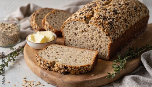 Light brown loaf of bread, sliced to reveal soft chewy texture. Golden butter complements bread hue. Rustic setting with beige curtain and white countertop. Whole grain seeded bread, healthy eating.