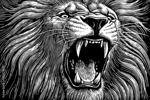 roaring lion with open jaws, sharp teeth, flowing mane, and intense eyes in full expression of power and dominance, vector in black and white line art illustration banner