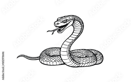 Side View Coiled Cobra Vector Outline – Snake Line Art Illustration with Tongue, Scales, and Striking Wildlife Detail
