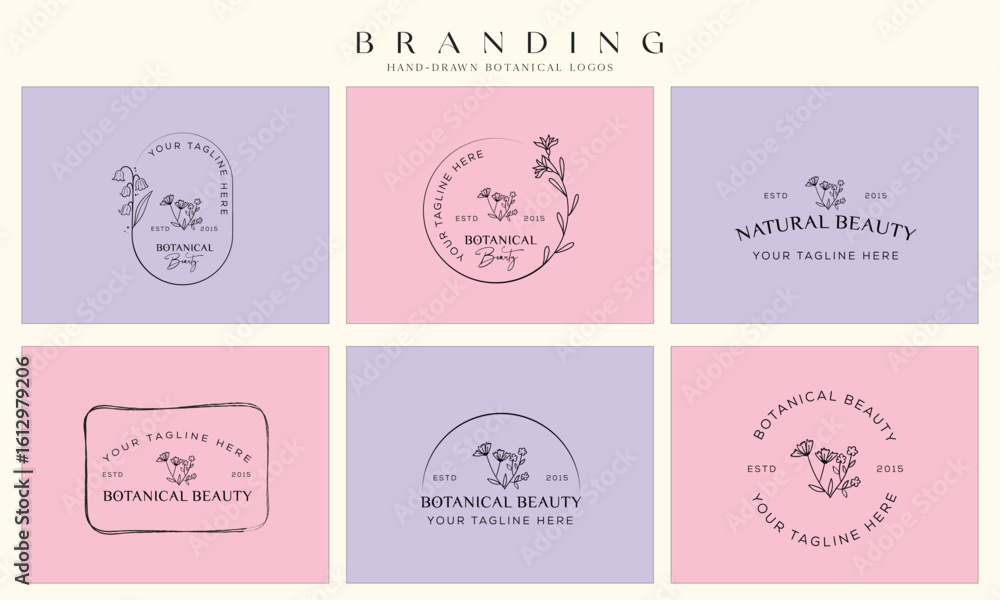 Fototapeta premium Minimal feminine botanical floral branch and logo. Hand drawn wedding herb, homeplant with elegant leaves. Botanical rustic trendy greenery