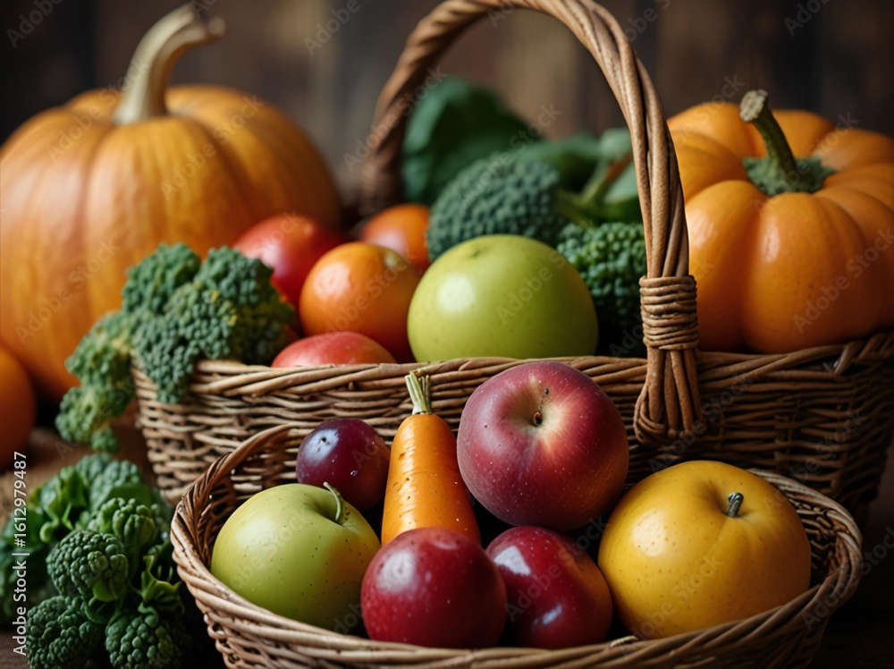 Abundant harvest basket filled with fresh autumn fruits and vegetables Abundant harvest basket filled with fresh autumn fruits and vegetables