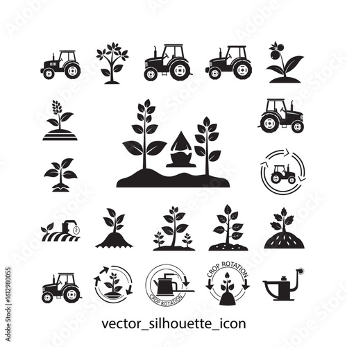 Agriculture icons set, tractor, plants, farming tools, vector silhouette illustrations for logo, infographic or website