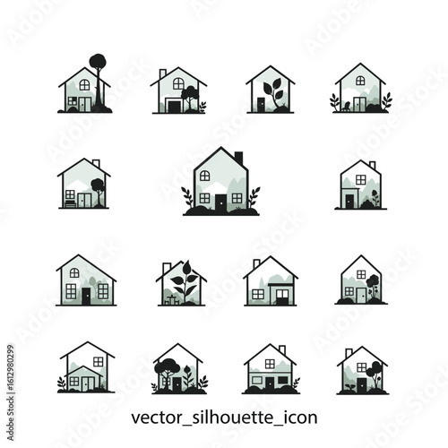 Vector house icons, silhouette style, with plants and trees, for architecture or real estate mockup, overlay effect, isolated on transparent background, png