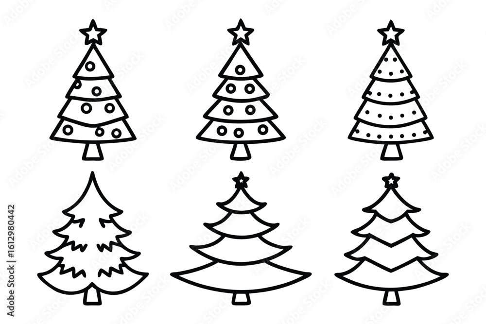 Obraz premium Set of christmas trees line art vector illustration, Pine tree outline vector bundle