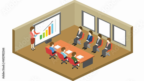Isometric view of a business presentation with a presenter and a group of attendees in a meeting room