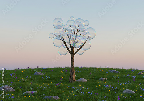 A surreal tree with soap bubbles instead of leaves stands on a grassy hill at sunset.