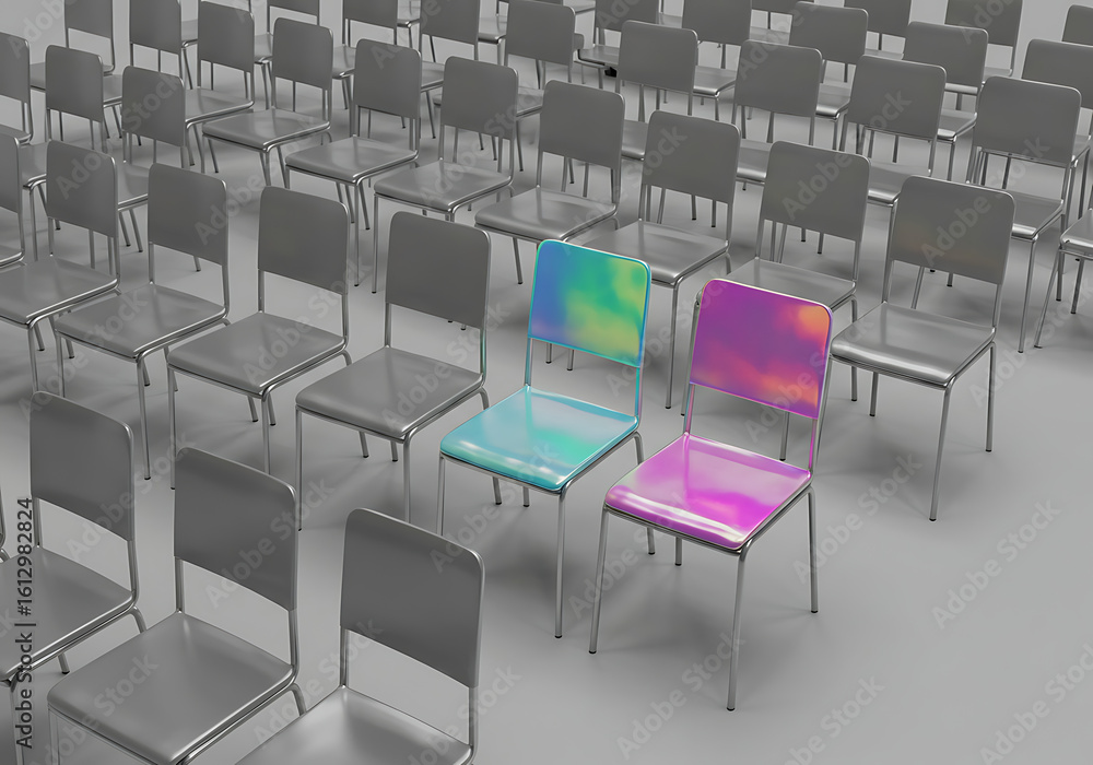 Obraz premium Three colorful iridescent chairs stand out among rows of monotonous grey seats.